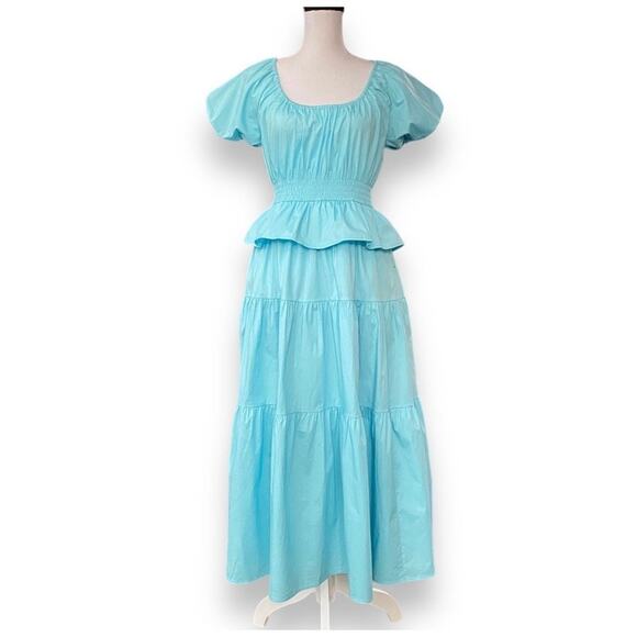 STAUD Martina Smocked Dress Sz S Light Blue Puff Sleeves Tiered Cotton $280
